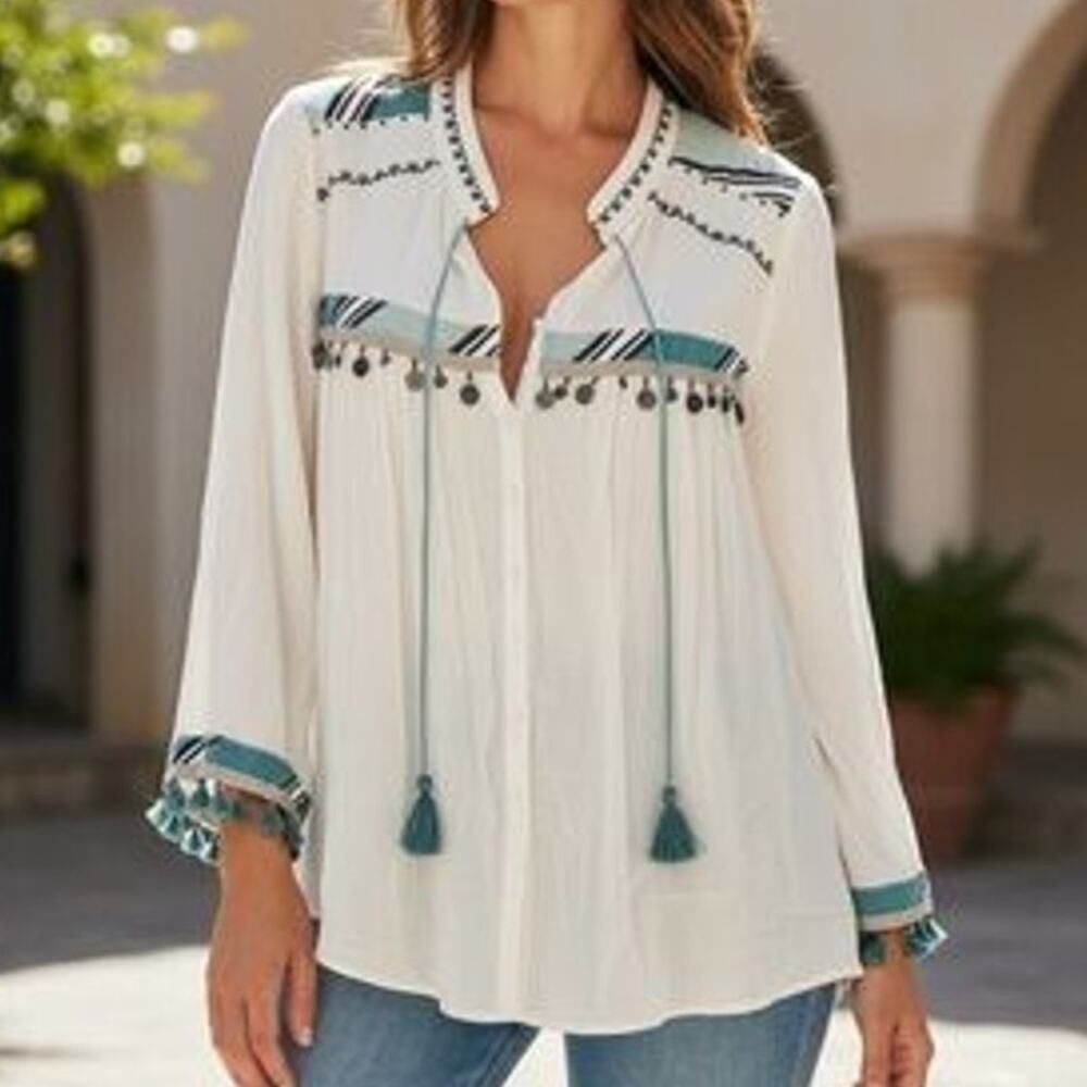 Chico's Women´s Tassel Tie Jacket Coin Embellished Fringe Ivory Teal 3 L/XL